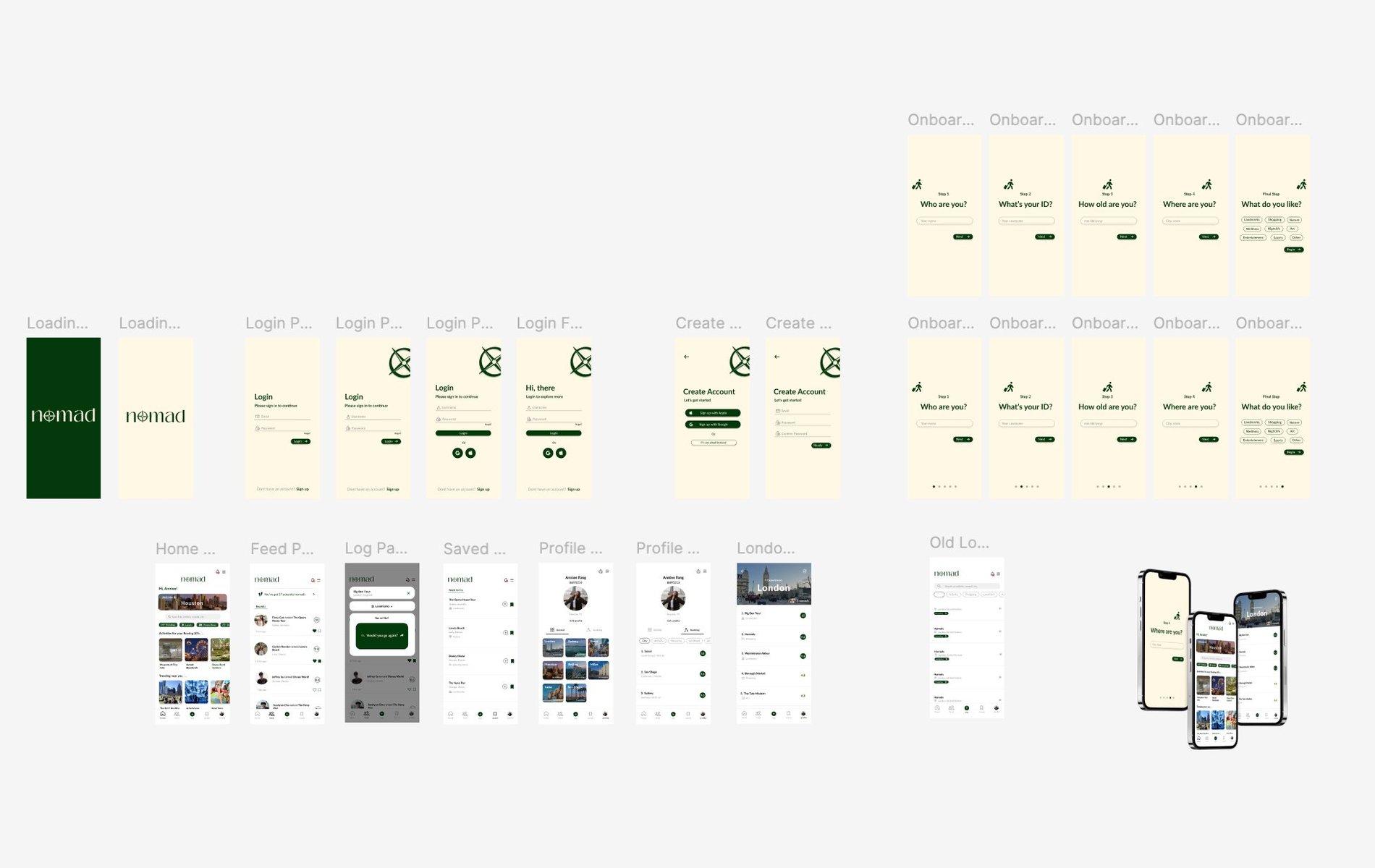 the full nomad figma file showing loading, login, onboarding, home, feed, log, saved, and profile screens
