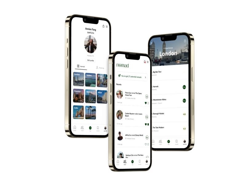 three nomad screens: a user profile, the activity feed, and a London experiences list