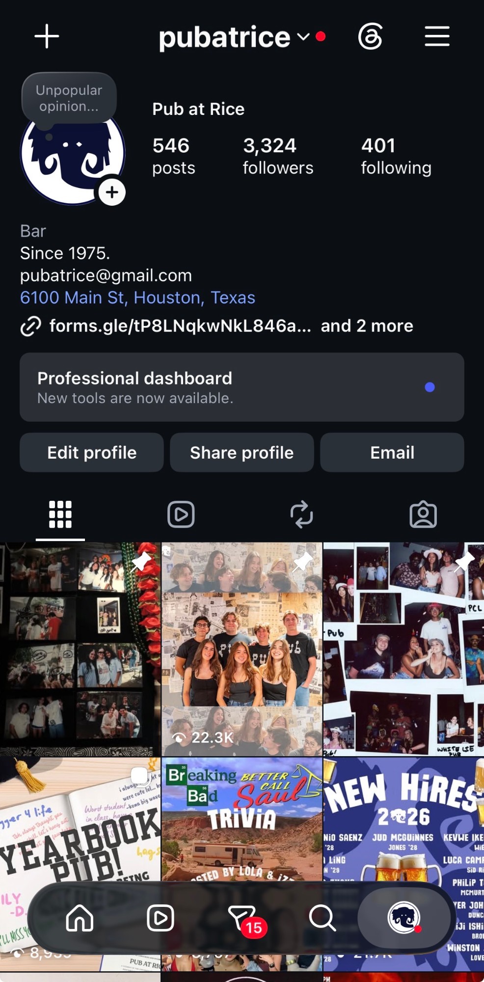 the @pubatrice instagram profile with 3,324 followers and a grid of event and polaroid posts