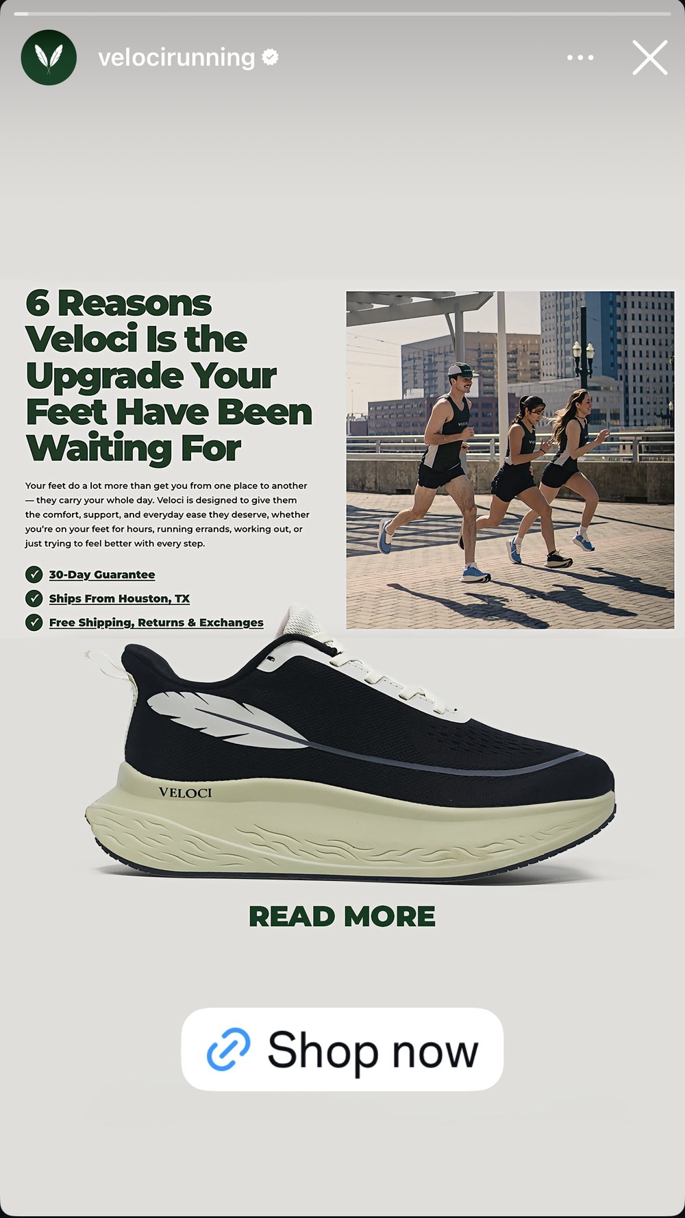 a paid meta static running as an instagram story ad, headlined six reasons veloci is the upgrade your feet have been waiting for
