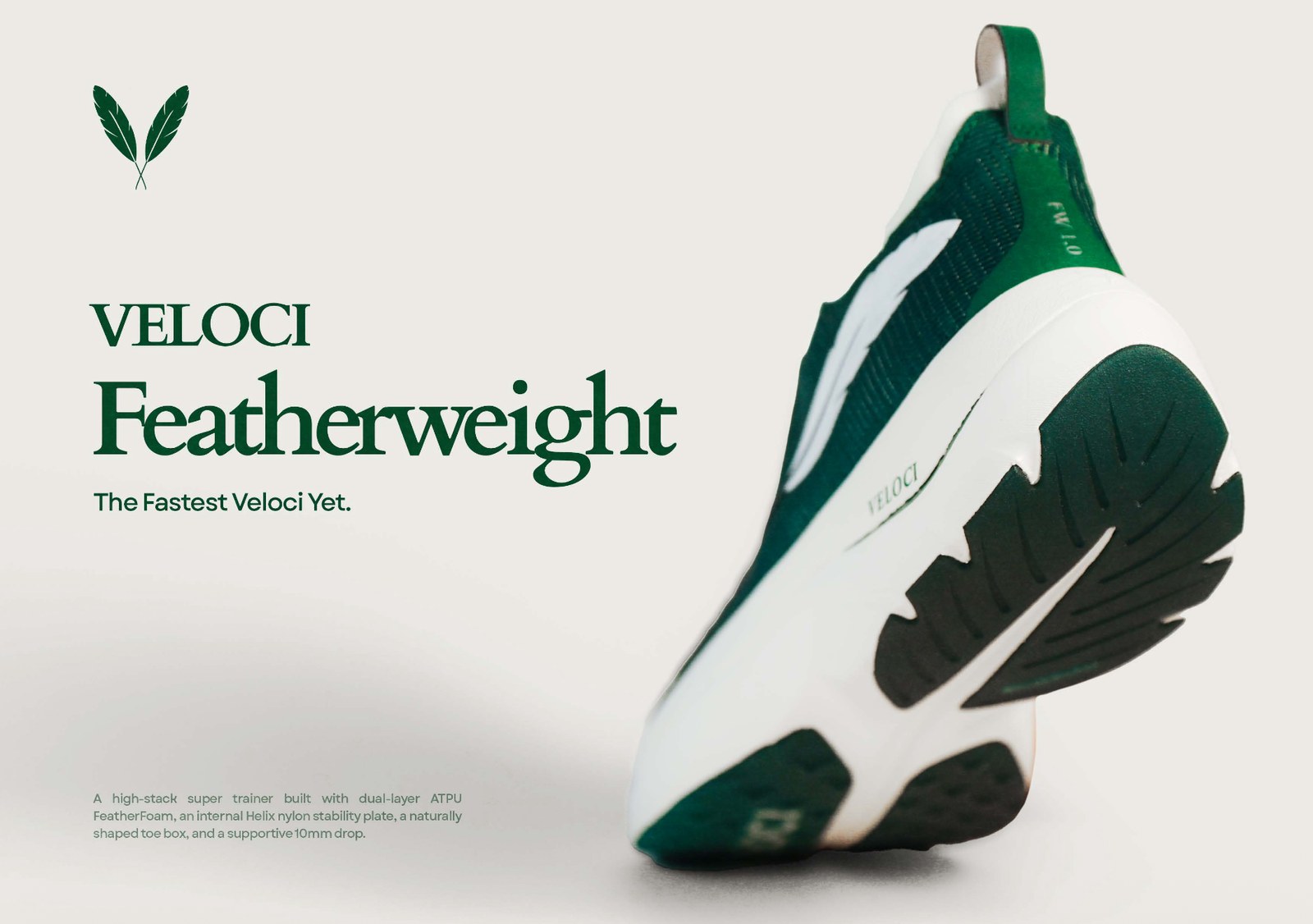 veloci featherweight launch key art: the shoe shot from below against a pale background